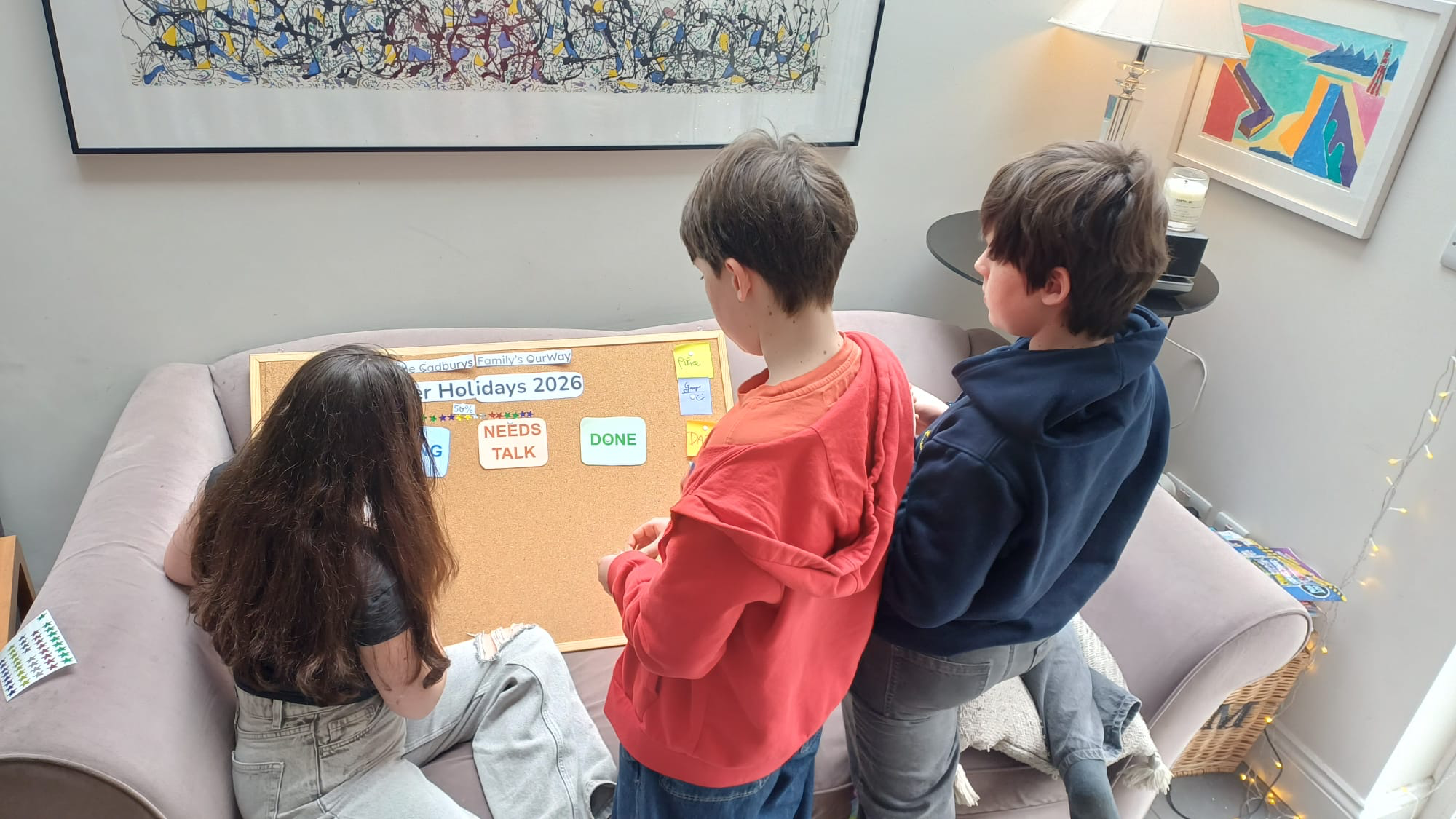 The Cadbury children building their OurWay family board together.