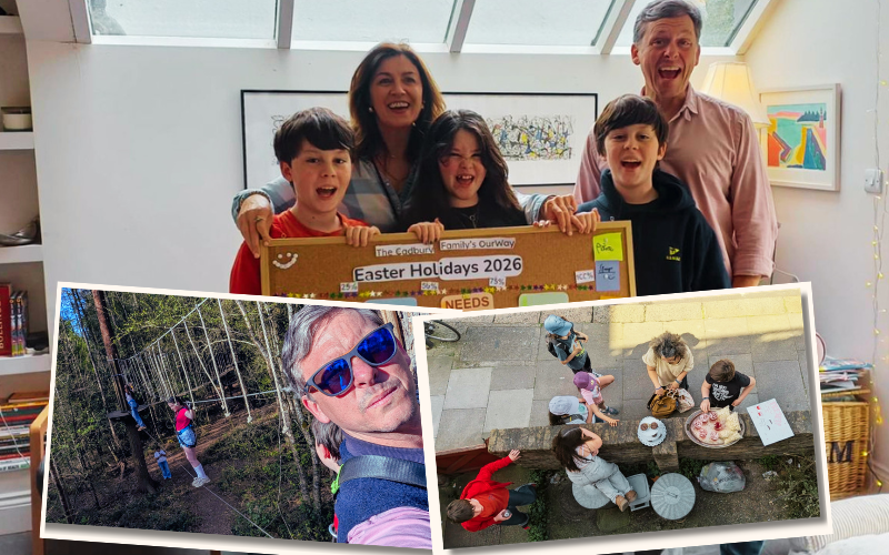 A collage of the Cadbury family's OurWay board, Go Ape trip, and bake sale.